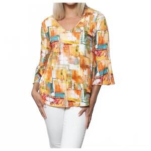 NEW SNOSKINS v-neck with flounce 3/4 sleeve top in fresco
